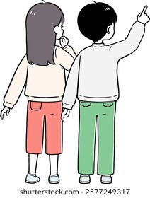 Illustration of an elementary school boy and girl consulting with each other.  Vector illustration of a simple back view.