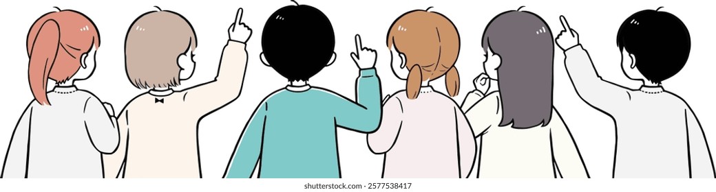 Illustration of an elementary school boy and girl consulting with each other. Vector illustration of a simple back view.