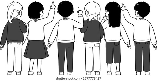 Illustration of an elementary school boy and girl consulting with each other. Vector illustration of a simple back view.Black and white illustration.