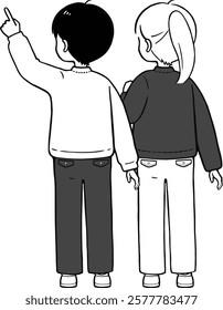 Illustration of an elementary school boy and girl consulting with each other. Vector illustration of a simple back view.Black and white illustration.