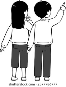 Illustration of an elementary school boy and girl consulting with each other. Vector illustration of a simple back view.Black and white illustration.