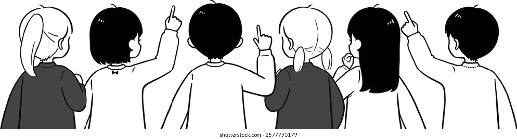 Illustration of an elementary school boy and girl consulting with each other. Vector illustration of a simple back view.Black and white illustration.