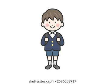 Illustration of an elementary school boy (line drawing) carrying a school bag.