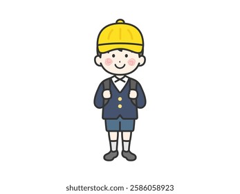 Illustration of an elementary school boy (line drawing) carrying a school bag and wearing a hat.