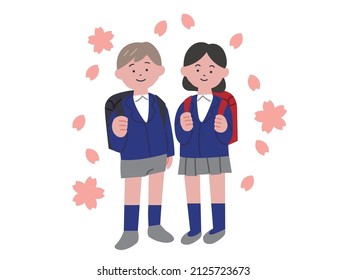 Illustration of elementary school boys and girls carrying school bags and cherry blossoms flying around