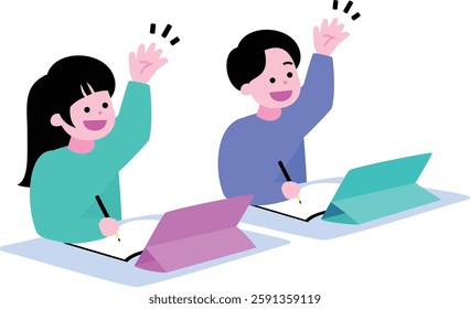 Illustration of elementary school children studying and learning on tablets and notebooks at cram schools and classes, raising their hands_children's ICT education