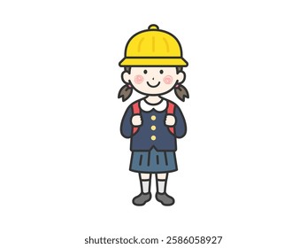 Illustration of an elementary school girl (line drawing) carrying a school bag and wearing a hat.