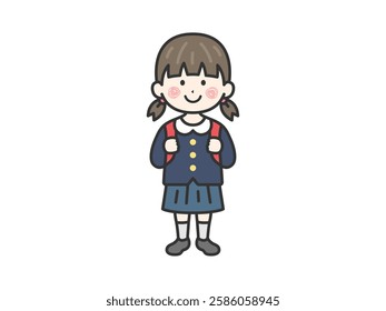 Illustration of an elementary school girl (line drawing) carrying a school bag.