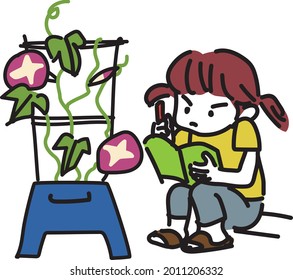 Illustration of an elementary school girl observing the morning glory