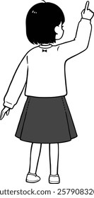 Illustration of an elementary school girl pointing.Vector illustration of a simple back view.Black and white illustration.