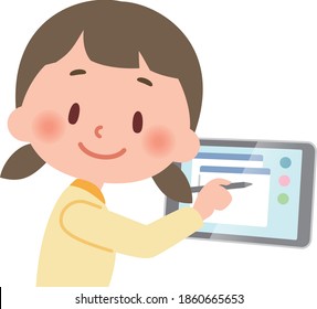 Illustration of an elementary school girl using a tablet.