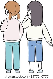 Illustration of an elementary school girls consulting with each other. Vector illustration of a simple back view.