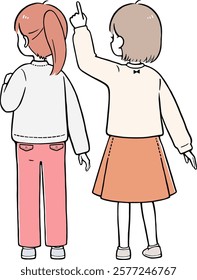 Illustration of an elementary school girls consulting with each other. Vector illustration of a simple back view.