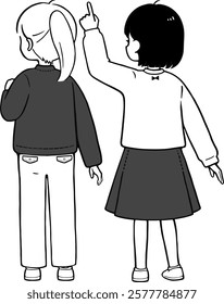 Illustration of an elementary school girls consulting with each other. Vector illustration of a simple back view.Black and white illustration.