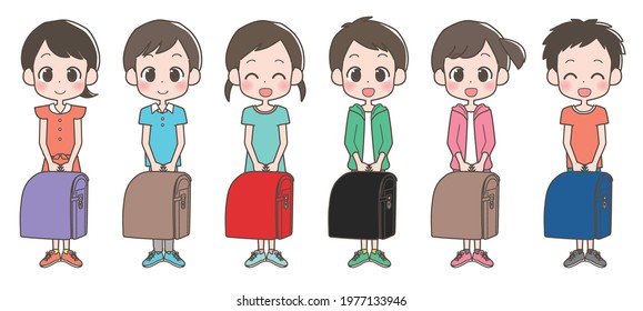 Illustration of an elementary school student holding a school bag with a smile.