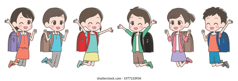 Illustration of an elementary school student jumping with a school bag on his back.