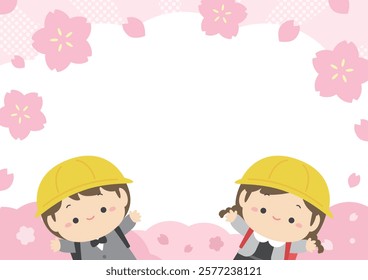 Illustration of elementary school students with cherry blossoms and petals spring background and entrance ceremony