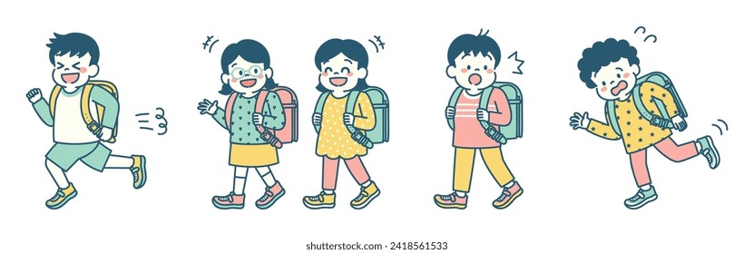 Ilustración de estudiantes de primaria que van a la escuela