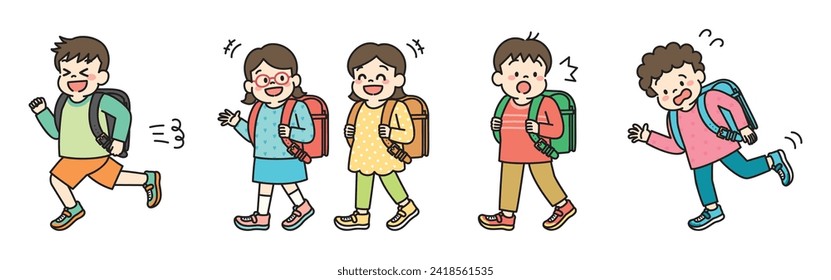 Illustration of elementary school students go to school