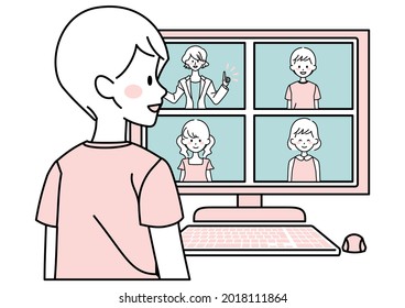 Illustration of elementary school students taking online classes