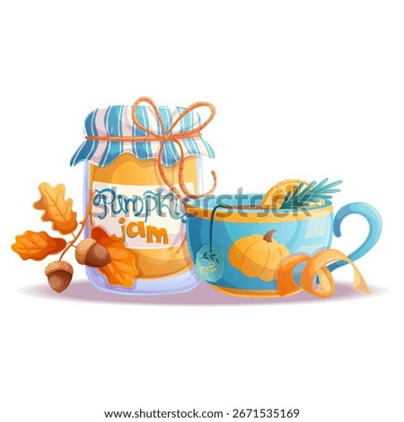 An illustration with elements of autumn, a jar of pumpkin jam, a cup of hot tea and a sprig of acorns. Isolated vector illustration for seasonal design of postcards, banners, posters.