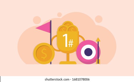 ilustración de los elementos para el concepto de reconocimiento, éxito, campeón, logro. trofeo, moneda, bandera, número uno y tablero de flecha. diseño plano.