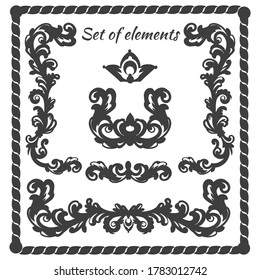 illustration of elements for creating frames. Vector monochrome illustration silhouettes for design isolated on white background.