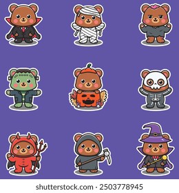 Elementos de ilustración del grupo de oso en trajes de halloween. Oso divertido de Halloween. Pegatinas, ilustración, Anuncio, Elementos fijados