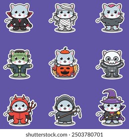 Illustration elements of group of Cat in halloween costumes. Halloween funny Cat . Stickers, illustration, banner, elements set