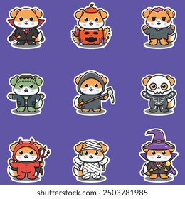 Ilustración Elementos de grupo de perro en disfraces de halloween. Perro divertido de Halloween . Pegatinas, ilustración, Anuncio, Elementos fijados
