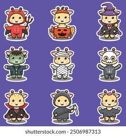 Illustrationselemente der Giraffengruppe in Halloween Kostümen. Halloween lustige Giraffe. Aufkleber, Illustration, Banner, Elementgruppe