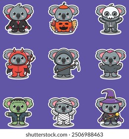 Illustration elements of group of Koala in halloween costumes. Halloween funny Koala . Stickers, illustration, banner, elements set