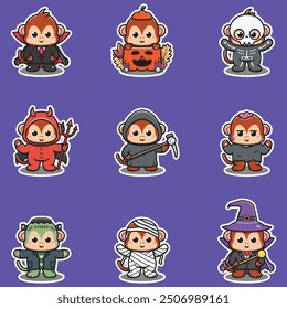 Illustration elements of group of Monkey in halloween costumes. Halloween funny Monkey . Stickers, illustration, banner, elements set