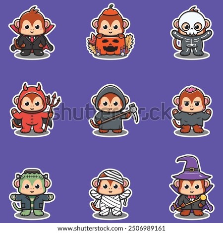 Illustration elements of group of Monkey in halloween costumes. Halloween funny Monkey . Stickers, illustration, banner, elements set
