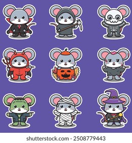 Illustration elements of group of Mouse in halloween costumes. Halloween funny Mouse. Stickers, illustration, banner, elements set