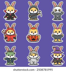 Illustration elements of group of Rabbit in halloween costumes. Halloween funny Rabbit . Stickers, illustration, banner, elements set