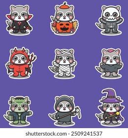 Elementos de ilustração de grupo de Raccoon em trajes de halloween. Dia das Bruxas engraçado Raccoon . Adesivos, ilustração, banner, conjunto de elementos