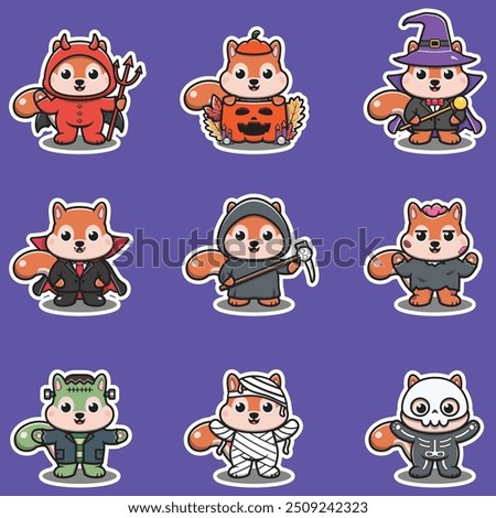 Illustration elements of group of Squirrel in halloween costumes. Halloween funny Squirrel . Stickers, illustration, banner, elements set
