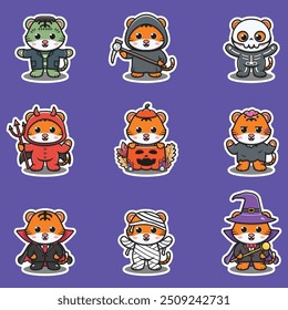 Illustration elements of group of Tiger in halloween costumes. Halloween funny Tiger . Stickers, illustration, banner, elements set