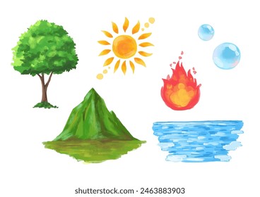 Ilustración de los Elementos de la naturaleza. Árboles y plantas de montaña y agua, fuego y sol. Conjunto de material de Vector dibujado a mano.