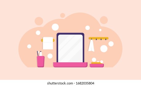 illustration of elements or objects in the bathroom. glass, clothes hooks, towels, toilet paper, soap, toothpaste, and toothbrushes. flat design. Can be used for landing pages, templates, UI, web.