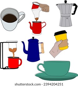 Illustration von Elementen zu Kaffee, Tasse, Kaffeemaschine