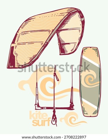 Illustration of elements related to the practice of kitesurfing.