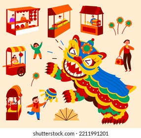 Illustration elements of smiling lion dance performer, new year market stands, and some Asian people isolated on light yellow background.
