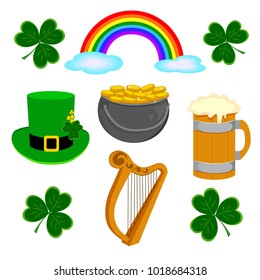 Illustration of elements for St. Patrick's day, on white background. A pot of gold, a shamrock, a rainbow, a harp, a hat.