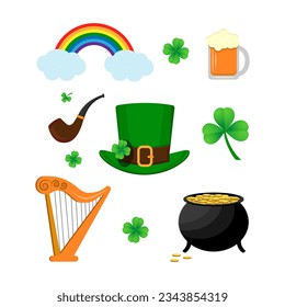 Illustration of elements for St. Patrick's day, on white background. A pot of gold, a shamrock, a rainbow, a harp, a hat.