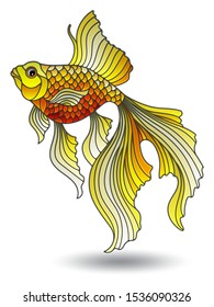 Illustration with elements of stained glass, bright gold fish isolated on a white background