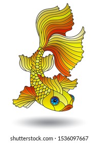 Illustration with elements of stained glass, bright gold fish isolated on a white background