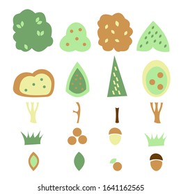 Illustration elements of summer and autumn trees, fruits and acorns on a white background.