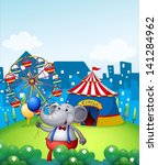 Illustration of an elephant with balloons in front of a carnival